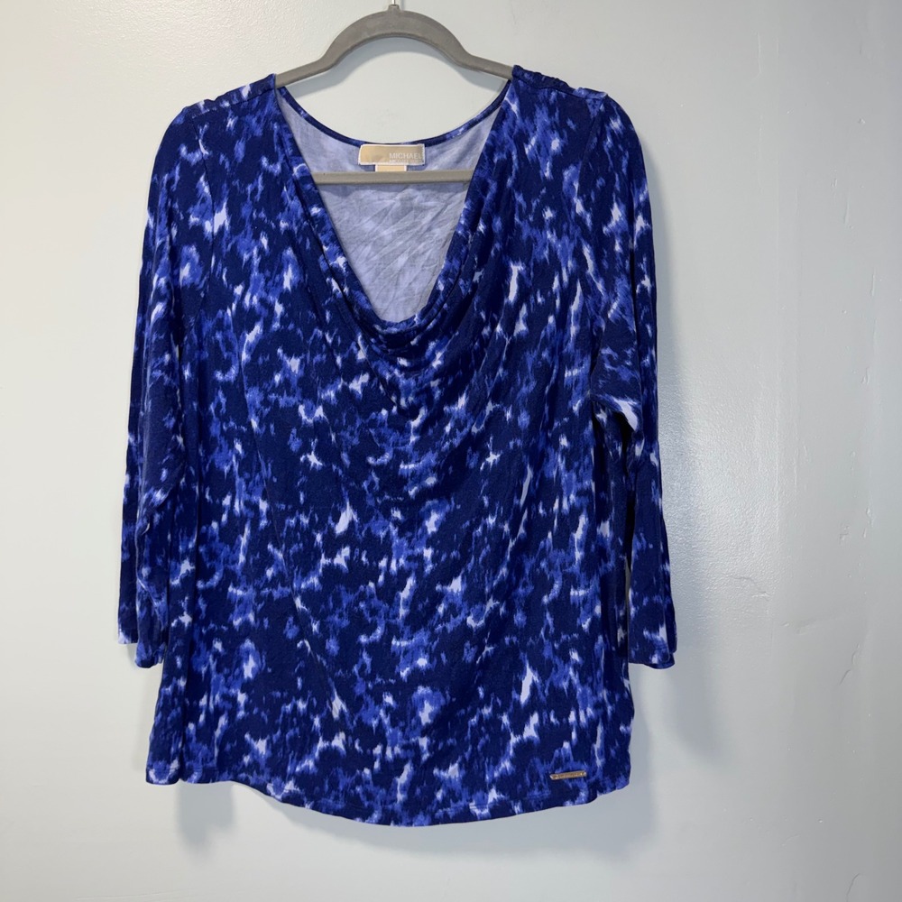 Michael Michael Kors Blue Abstract Ikat Cowl Neck 3/4 Sleeve Top 1X Plus Size